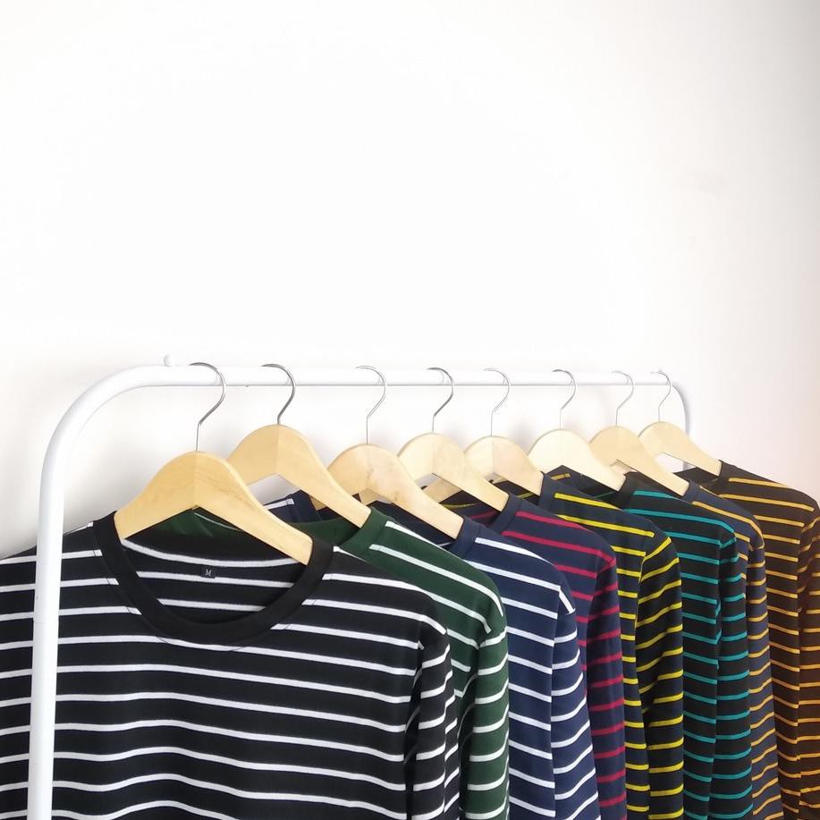 ➥ (13 Warna) Lengan Panjang Grosir Ecer Baju Kaos Stripe Belang Bergaris Salur Cotton CVC Pria Wanit