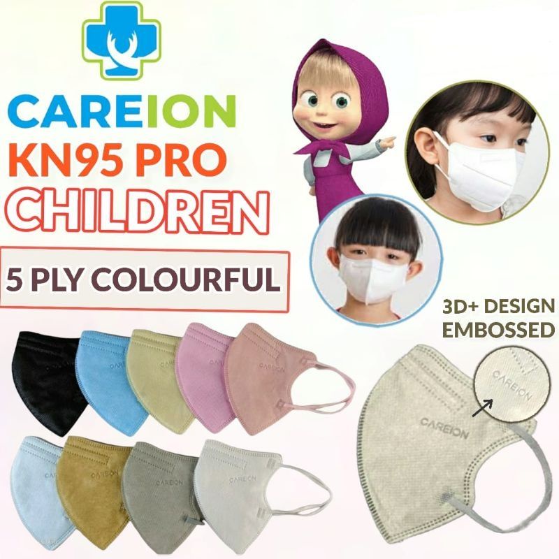 Masker KN95 Pro Anak/Duckbill Hybrid Children/Kids Polos Warna Hitam Putih Embos 5 Ply 4-12 tahun Careion  Isi 10 pcs Per pack