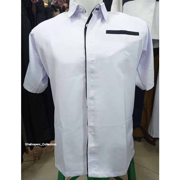 Kemeja PRIA Dinas Putih List Hitam Pendek ~ Free nama/ Baju Kantor / Baju Hitam Putih