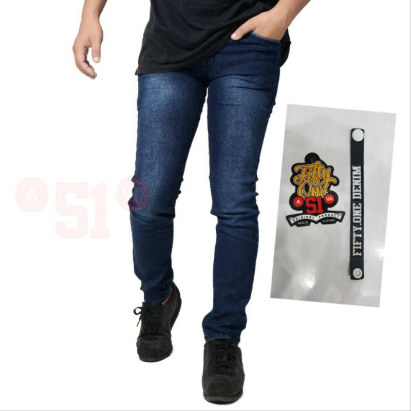 Celana jeans pria slim fit terbaru original fifty one (Biru)