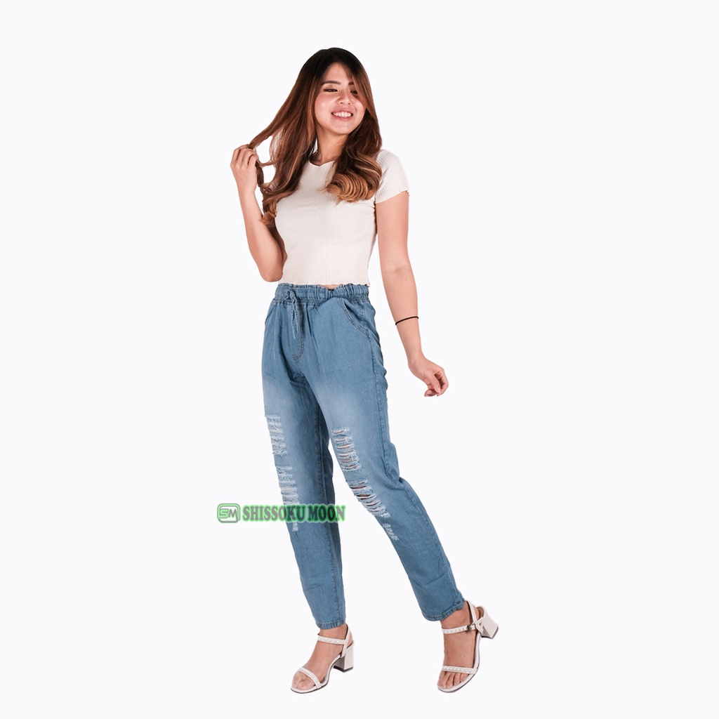 Celana Panjang Wanita Model Baggy Ripped Bahan Denim
