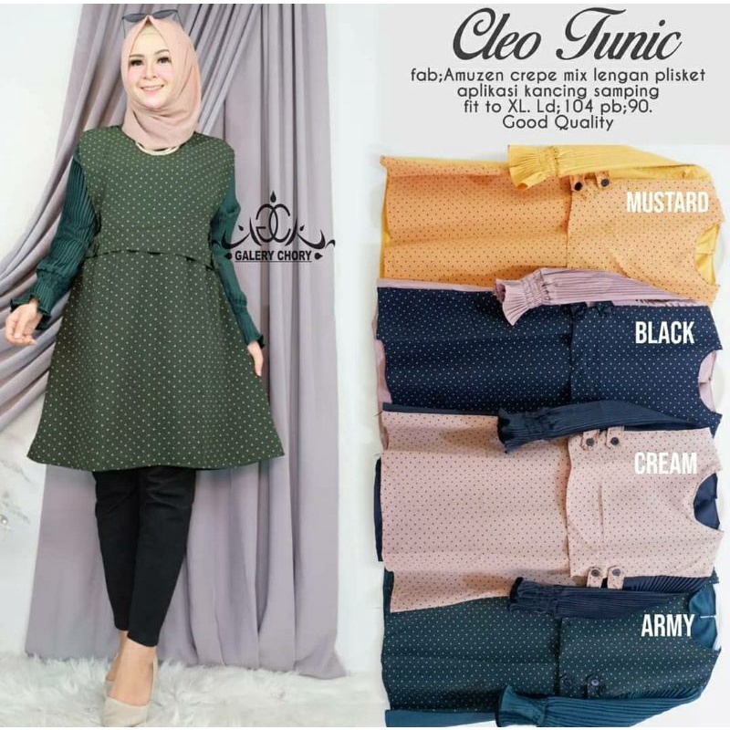 Cleo Tunik Wanita Lengan Plisket Kombinasi Polkadot