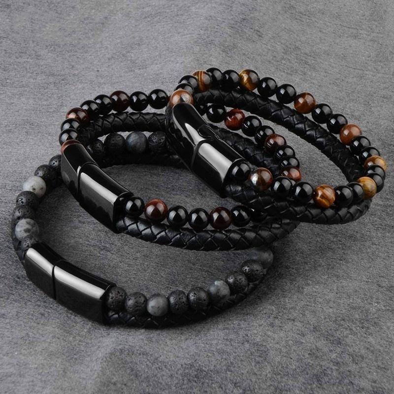 Gelang Tangan Kulit Hitam Aksen Manik-Manik Stainless Steel Untuk Pria