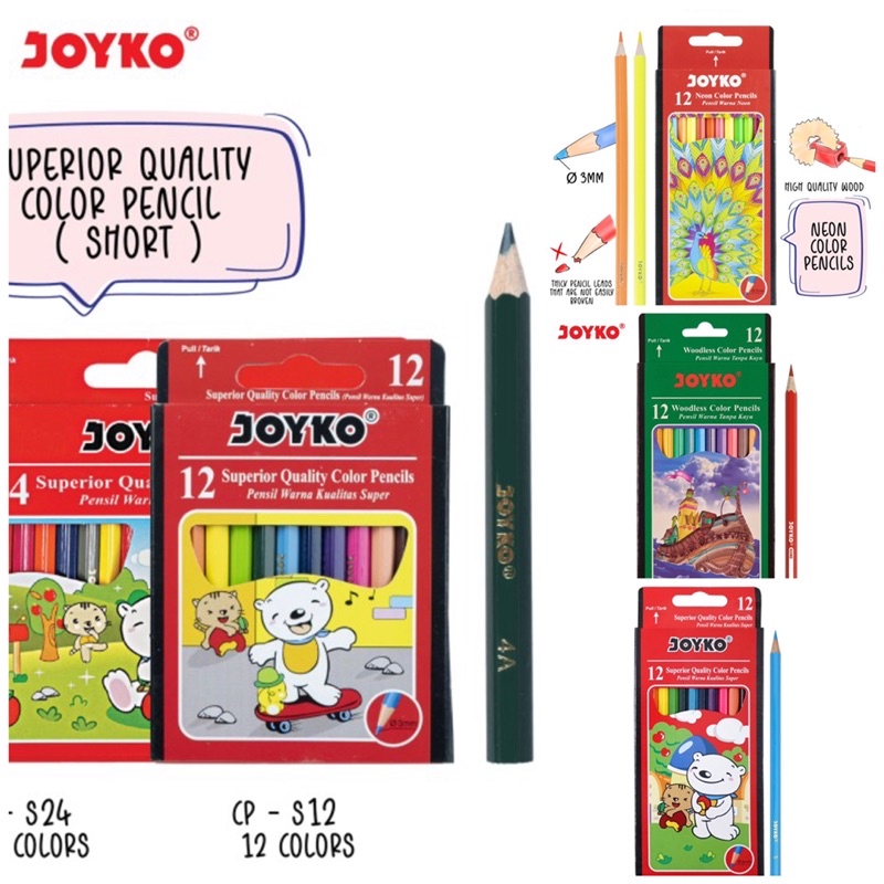 JOYKO - PENSIL WARNA 12 WARNA PANJANG PENDEK WARNA NEON - COLORING PENCILS 12 COLORS / ERASEABLE / BISA DIHAPUS