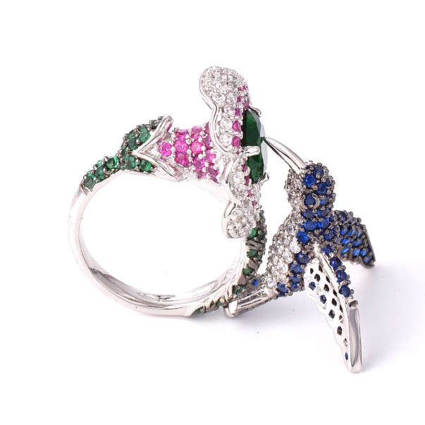 SEUSUK  Fashion Popular Silver Ring Bird Flower Natural Gemstones Sapphire &amp; Emerald Ring Jewelry