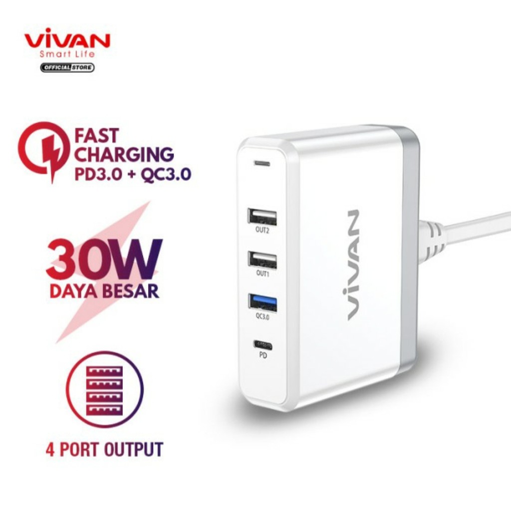 Vivan XQ4 30W 4 USB Output 5.4A Fast Quick Charge USB-C PD QC3.0