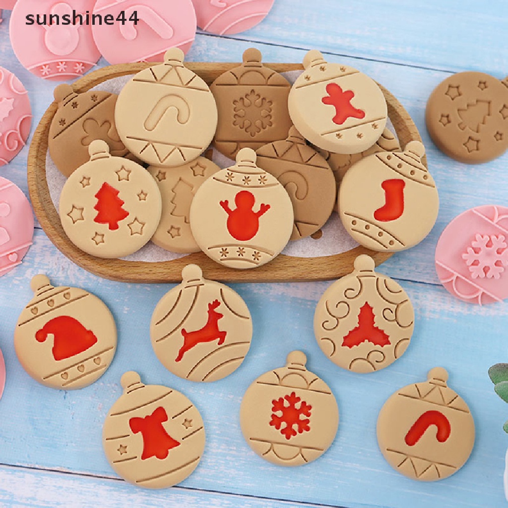 Sunshine 10Pcs / Set Stempel / Cap Fondant / Kue Bentuk Bulat Motif Pohon Natal