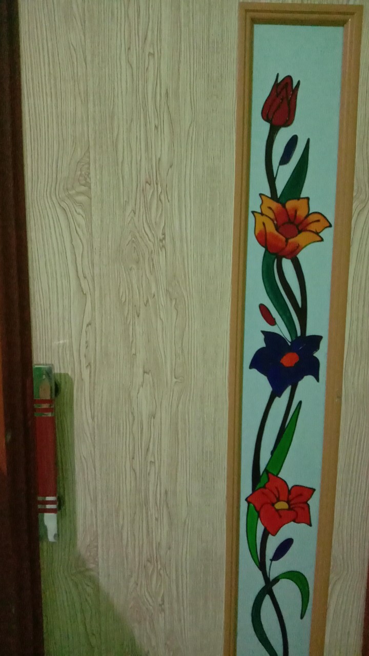 Pintu Kamar Mandi Pvc Motif Kaca Bunga Coklat Minimalis Lukis Gravir Kayu Jati