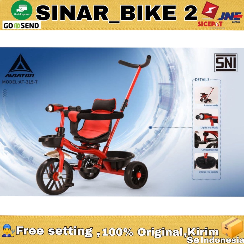 Sepeda Anak Roda TIga Tricycle AVIATOR AT 315-7 Tongkat Stir Musik