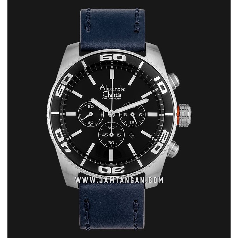 Alexandre Christie AC 6500 MC LSSDB Chronograph Man Black Dial Blue Leather Strap