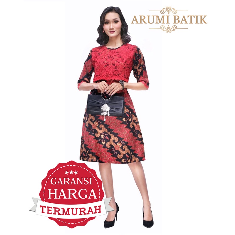 Dress Batik Wanita Baju Seragam Formal Kerja 2980 Merah