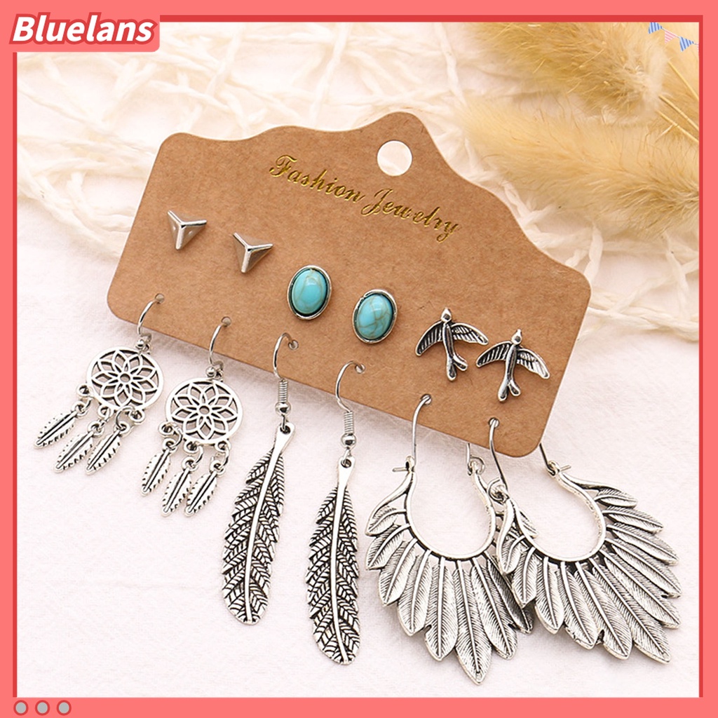 6 Pasang Anting Tusuk Gantung Desain Daun Hollow Bahan Alloy Gaya Etnik Untuk Wanita