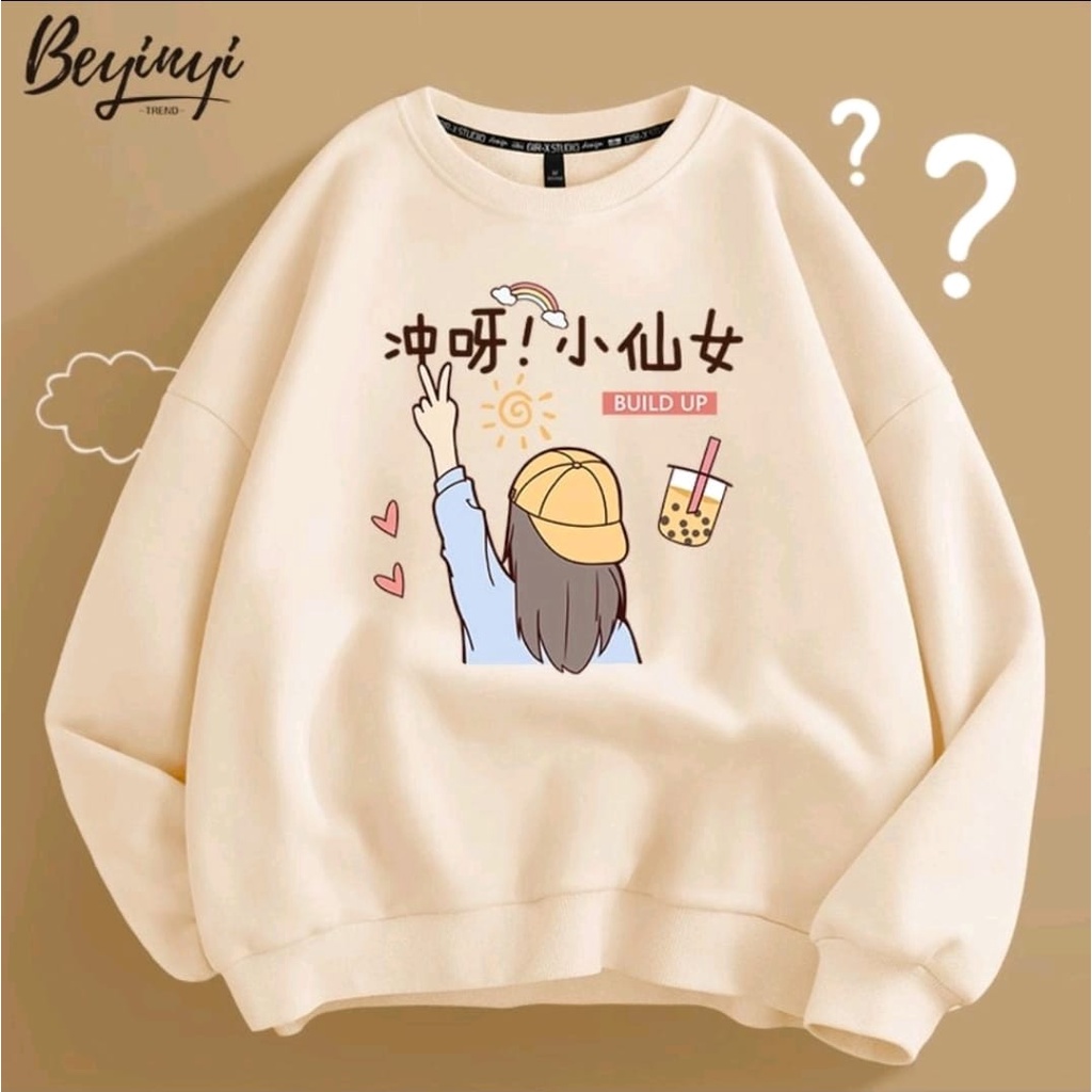 SWEATER WANITA OVERSIZE BUILD UP // ATASAN WANITA LUCU SIZE M TO XXL PREMIUM // CREWNECK WANITA FLEECE TEBAL HALUS KECE TERBARU,