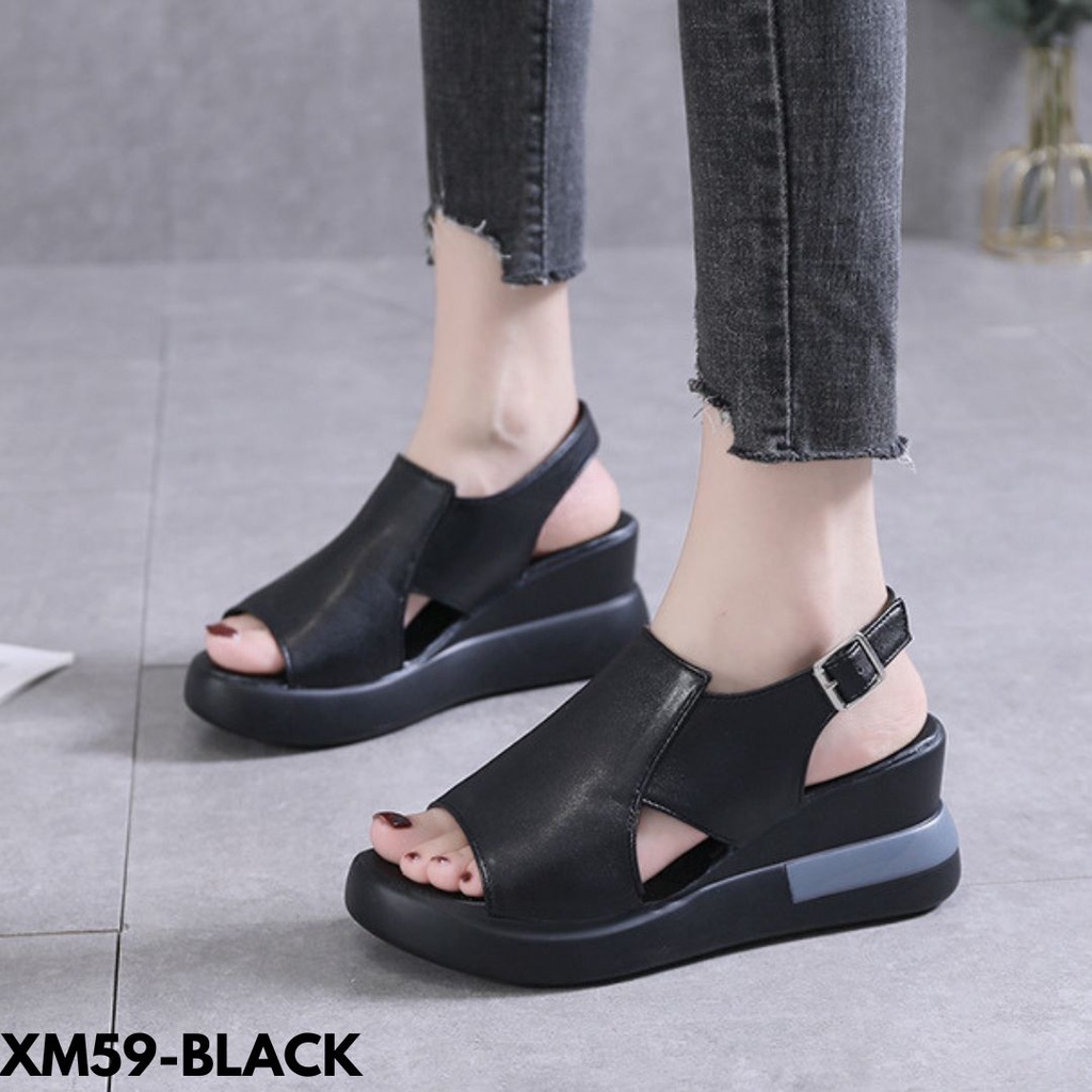 SANDAL WEDGES SLING BACK MODEL SIMPLE CASUAL KEKINIAN CLASSIC ELEGANT BAHAN PU IMPORT M59