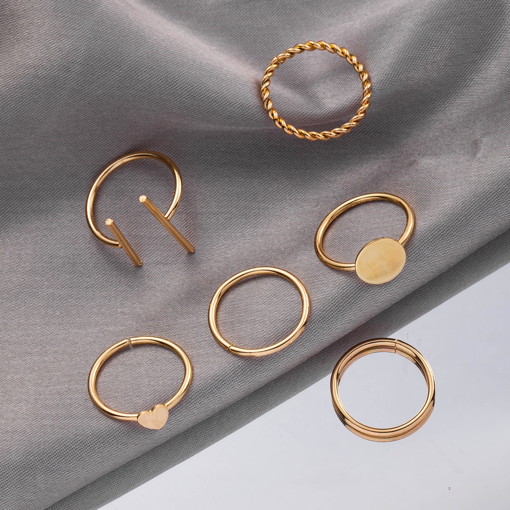 6pcs / Set Cincin Model Terbuka Bahan Metal Desain Hati Warna Gold Gaya Vintage / Minimalis Untuk Wanita