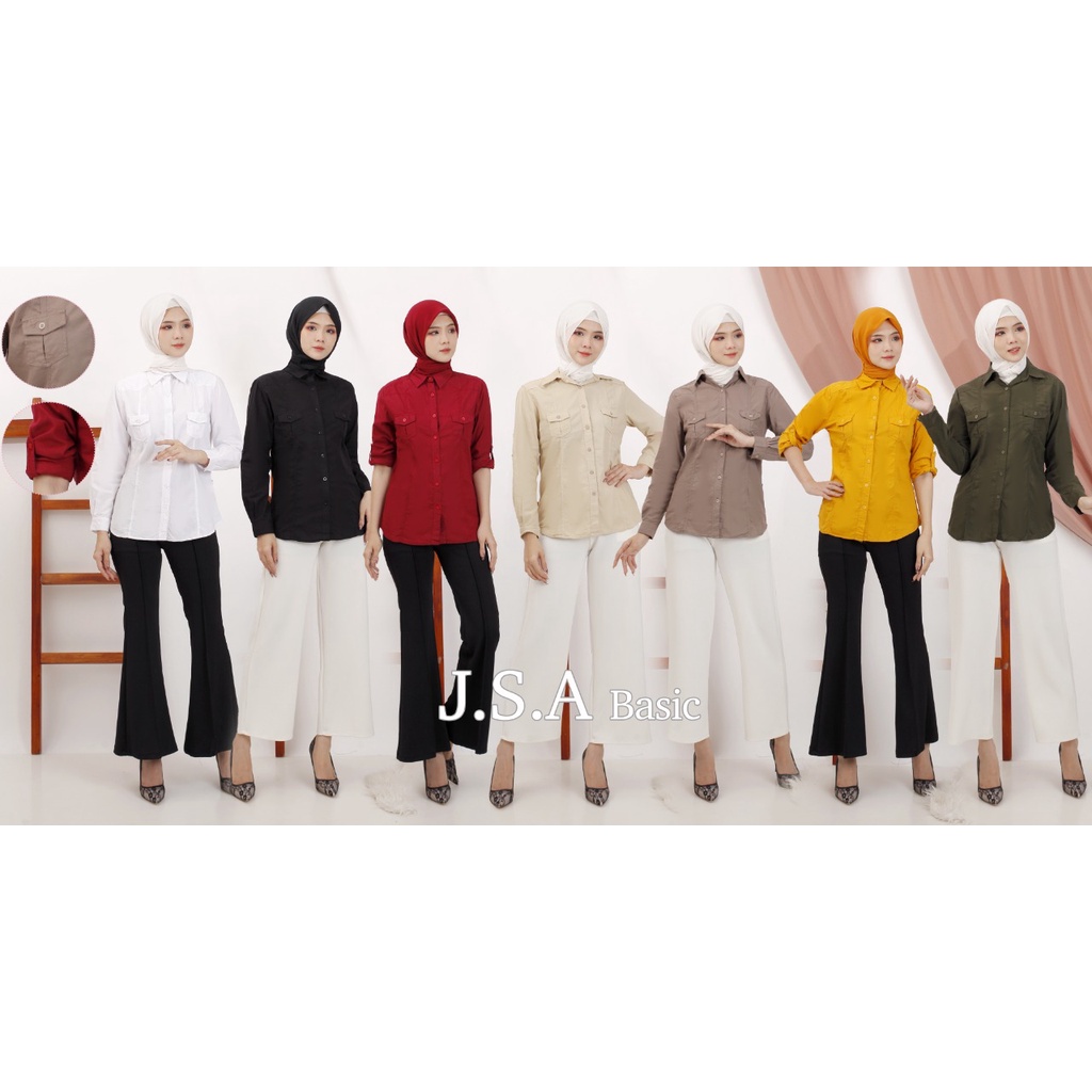 Baju Kemeja Kerja Wanita Polos Hem Lengan Panjang Tangan Skoder Katun Casual JSA BASIC
