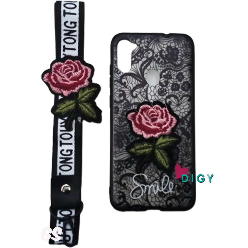 Case Samsung A11  M11 Bordir Motif bunga Plus Gantungan Case  Bordir Timbul Karakter