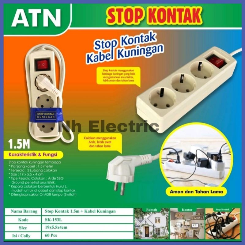 S/k 3L + Cabel Arde (1,5 Meter) Atn - Stop Kontak 3 Lubang Arde On/Off (1,5 Mtr) Atn - Stop Kontak 3L + Kabel Arde (1,5 M) Atn