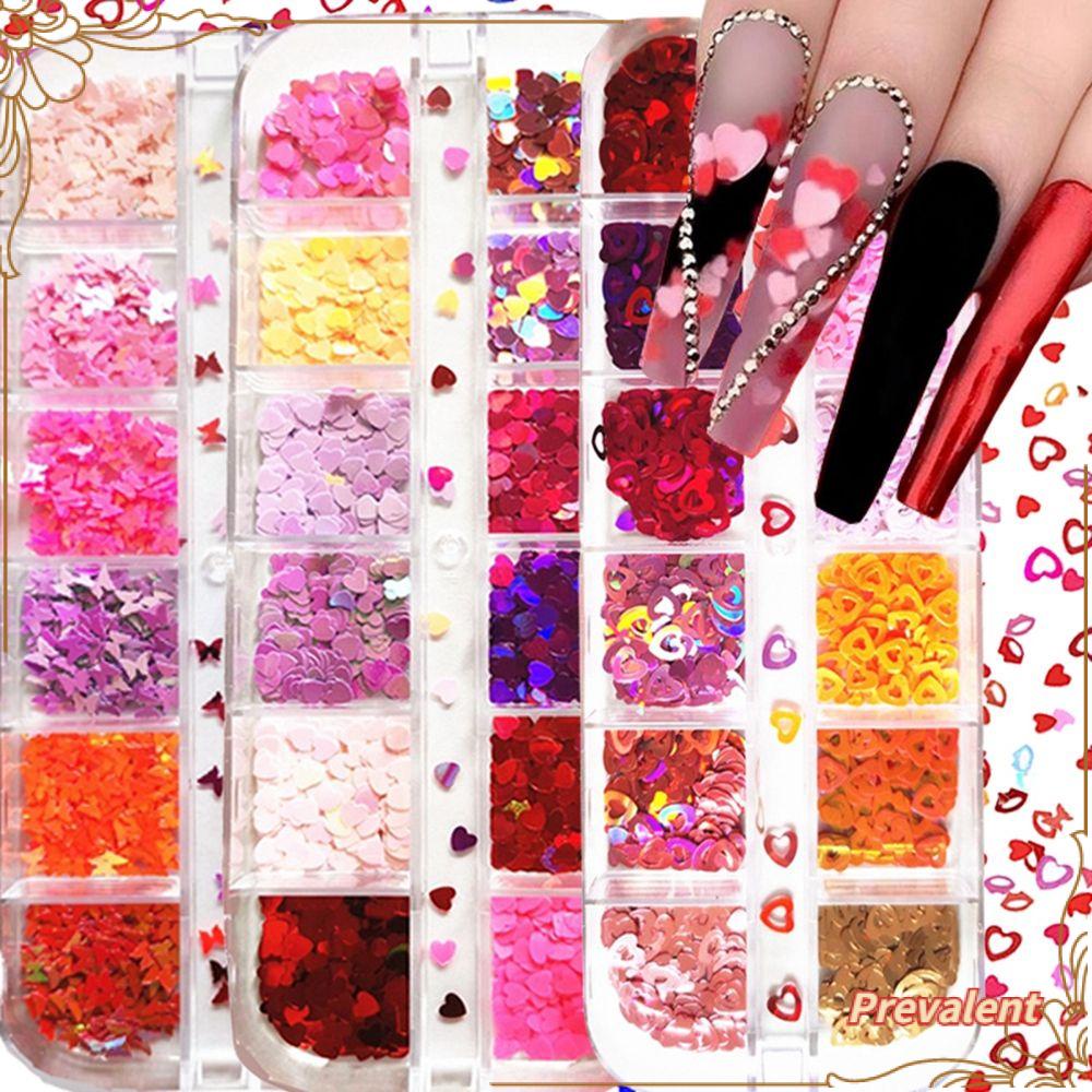 12 Grid / Kotak Sequin Kuku Holografik Bentuk Kupu-Kupu Hati Untuk Hari Valentine