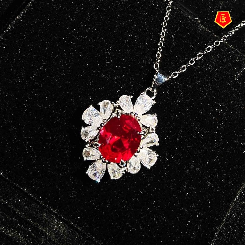 [Ready Stock]Full Diamond Ruby Rings Ear Studs Necklace Set