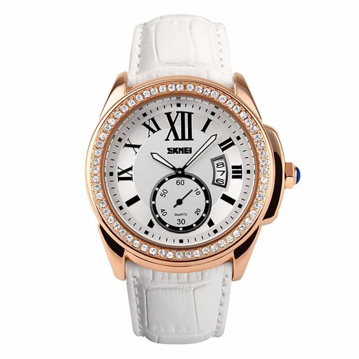 Jam Tangan Wanita Original SKMEI 1147 Kulit Anti Air 30M Jam Cewek Wanita Warna Putih Kantor Pesta