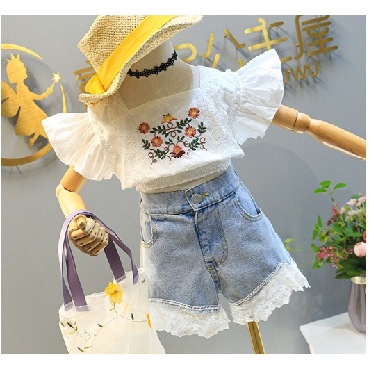 SETELAN ANAK CEWEK IMPORT / JEANS BAJU CELANA MOTIF BUNGA CROP BUNGA JEANS