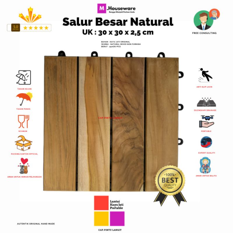 Lantai kayu jati Bongkar pasang Motif Salur Besar - Decking Tile Portable 4ply uk 30x30cm