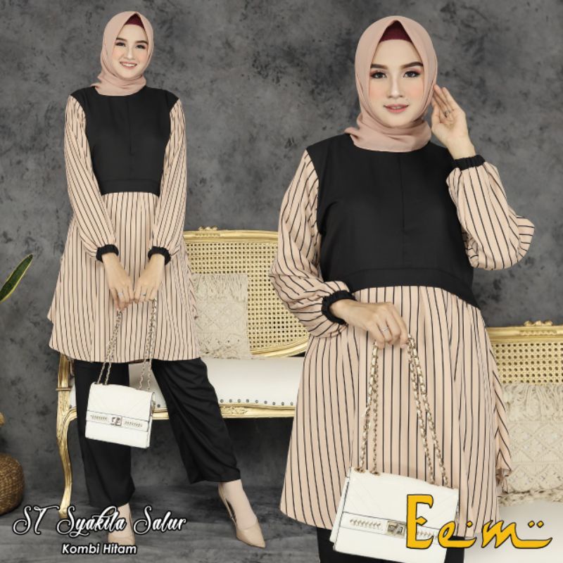 Setcel Setelan Celana Shakila Salur Kombinasi Hitam