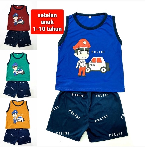 setelan singlet 1- 10 tahun pakaian anak laki laki celana pendek kaos cowok gambar murah poliisi