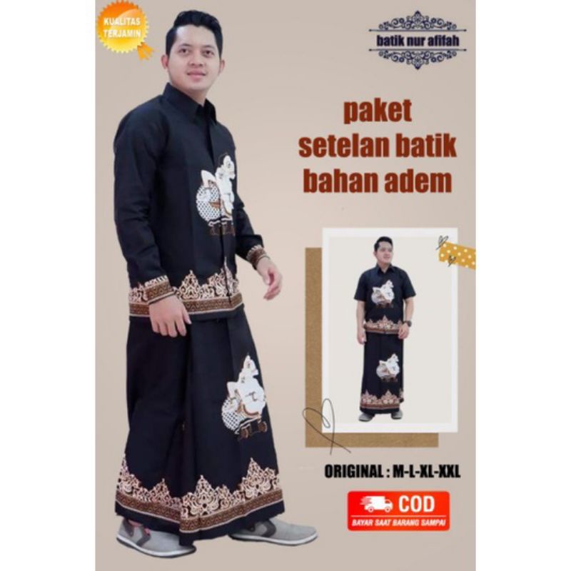 Set Sarung dan baju koko batik SEMAR hitam /baju koko dewasa katun halus