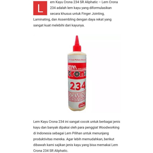 

Lem Crona 234 Sr Lem Kayu *Best Seller Aliphatic Wood Glue (600 Gr)