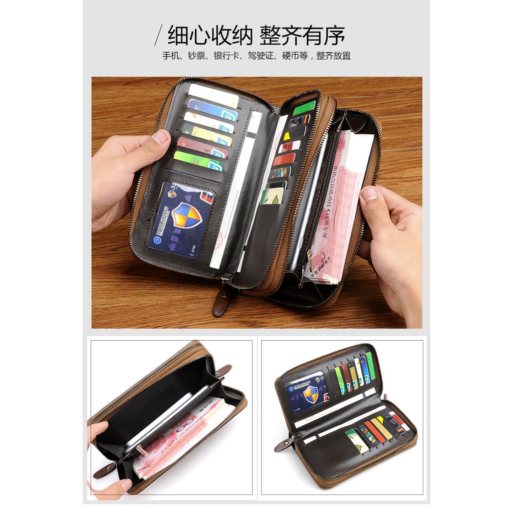 [ORIGINAL] Yueskangaroo Dompet Tangan Kulit Resleting Import Pria 15 Slot Kartu Business Style Double Zipper Unisex Handbag