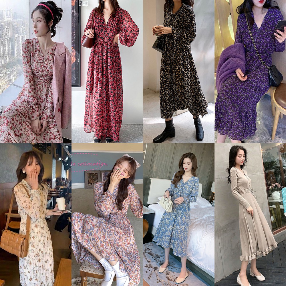 Pengiriman 24 Jam Long Floral Dress Maxi Lengan Panjang Bahan Sifon Motif Bunga Gaya Korea