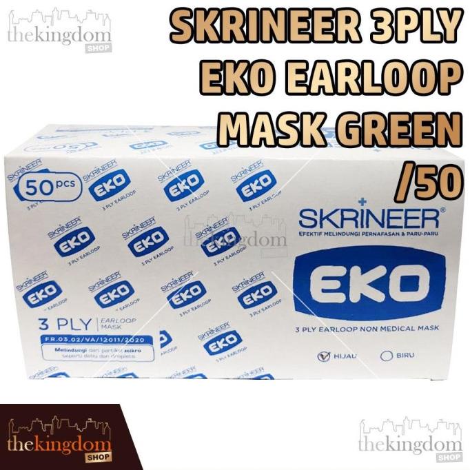 Skrineer Eko Earloop Mask Green 3Ply /50 Masker Anti Debu Dan Droplets