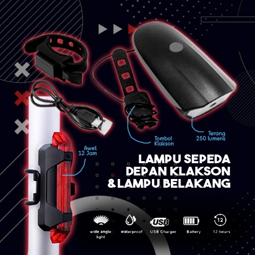 Lampu Sepeda dan Klakson Sepeda LED 250 Lumens Sepedah Depan Belakang Gowes Sepeda MTB Sepeda Gunung