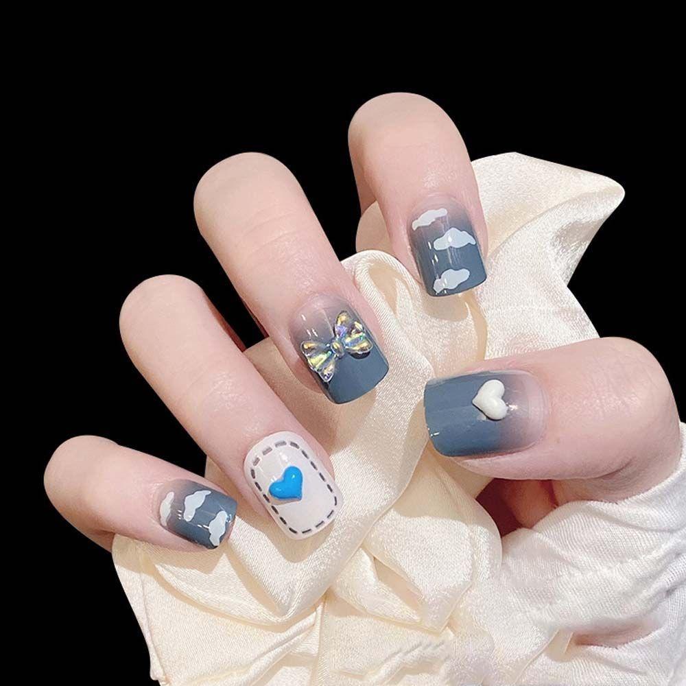 AUGUSTINA Augustina Kuku Palsu Pesona Indah 3D Nail Tip DIY Nail Art Manicure White Clouds Bow Full Cover Kuku Palsu