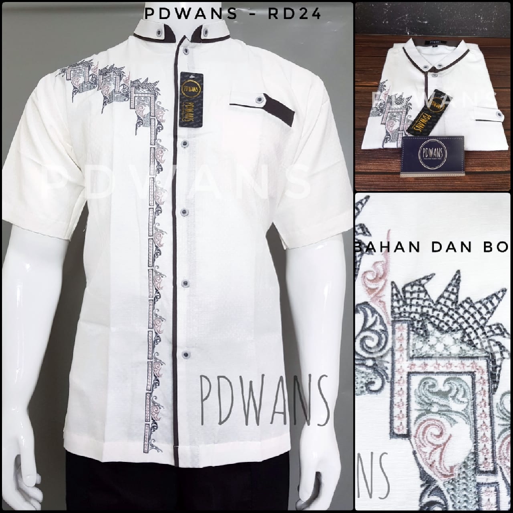 BAJU KOKO Muslim Lengan Pendek Putih Motif Bordir PDWANS - RD24