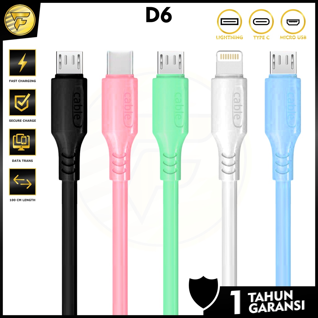 Kabel data D6 Fast Charging Lightning Type C Micro USB 1 Meter kabel cas android macaron color