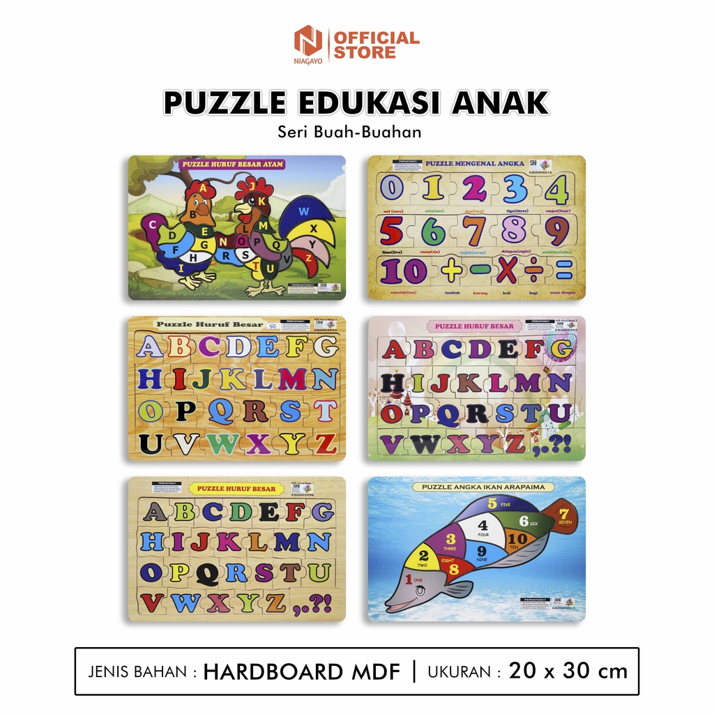 Puzzle Edukasi Anak / Puzzle Anak / Puzzle Kayu : Mengenal Angka dan Huruf Bentuk Ikan Arapaima dan 