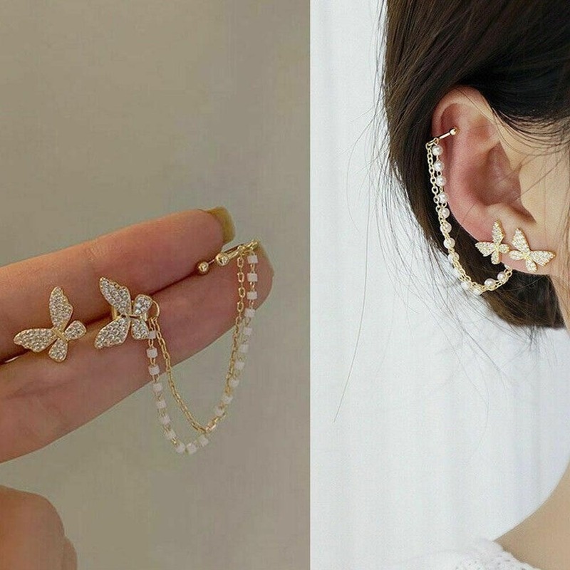 Anting Stud Desain Kupu-Kupu Aksen Berlian Imitasi Bahan Metal Untuk Wanita