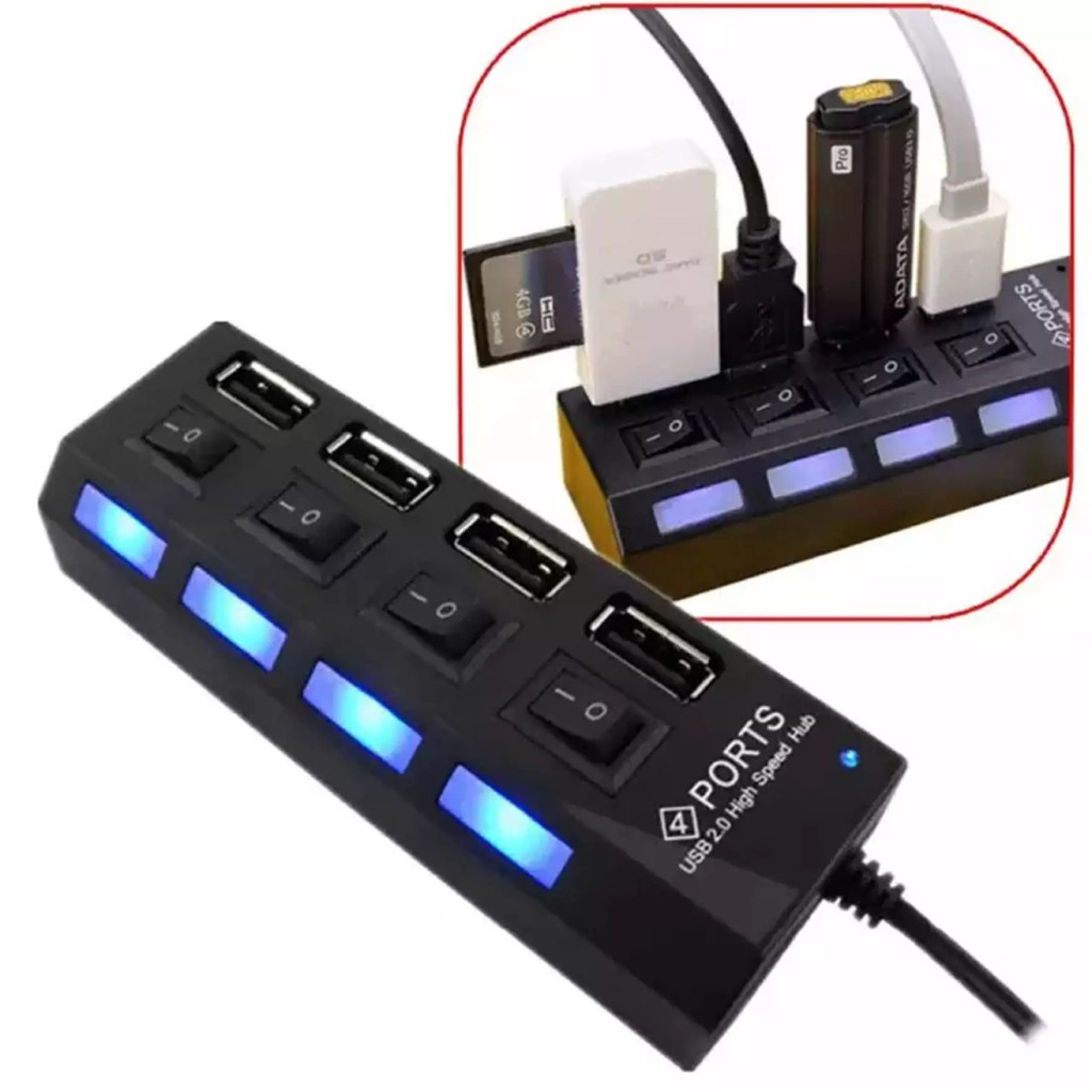 USB Hub 4 Port Hi-Speed 2.0 USB HUB Saklar Blue LED On Off 4 Lubang Support Data Transfer