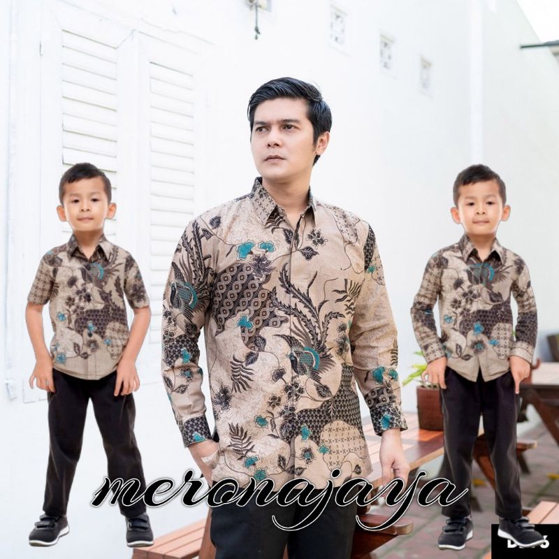 MERONAJAYA || Batik Couple Ayah Dan Anak Laki-laki Lengan Panjang Motif SEKAR JAGAD IJO , MERAH MATON Warna Dasar Hitam // Couple Batik Ayah Dan Anak cowok