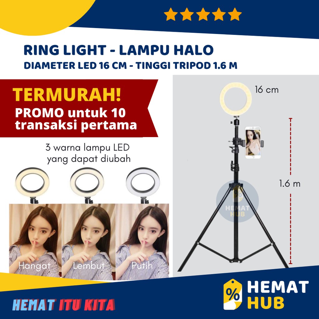 Ring Light LED 16cm Paket Lampu Halo 3 Warna Kamera Tripod 1.6m Stand Vlog Selfie Studio