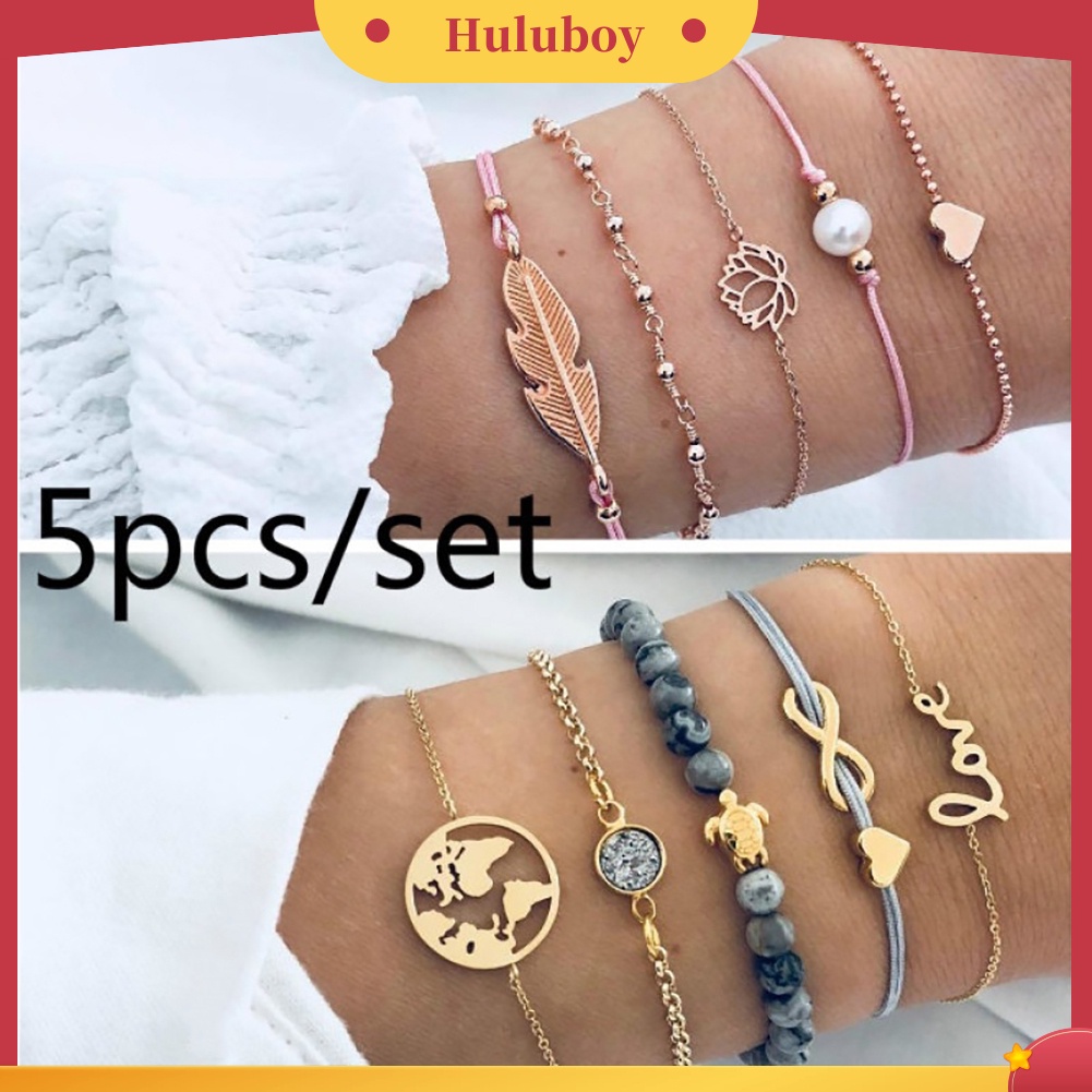 Hu Hu Hu Hu Hu Alat Bantu Pasang Kacamata♡ 4 / 5 Pcs Gelang Rantai Manik-Manik Multilayer Bentuk Hati Daun Untuk Wanita