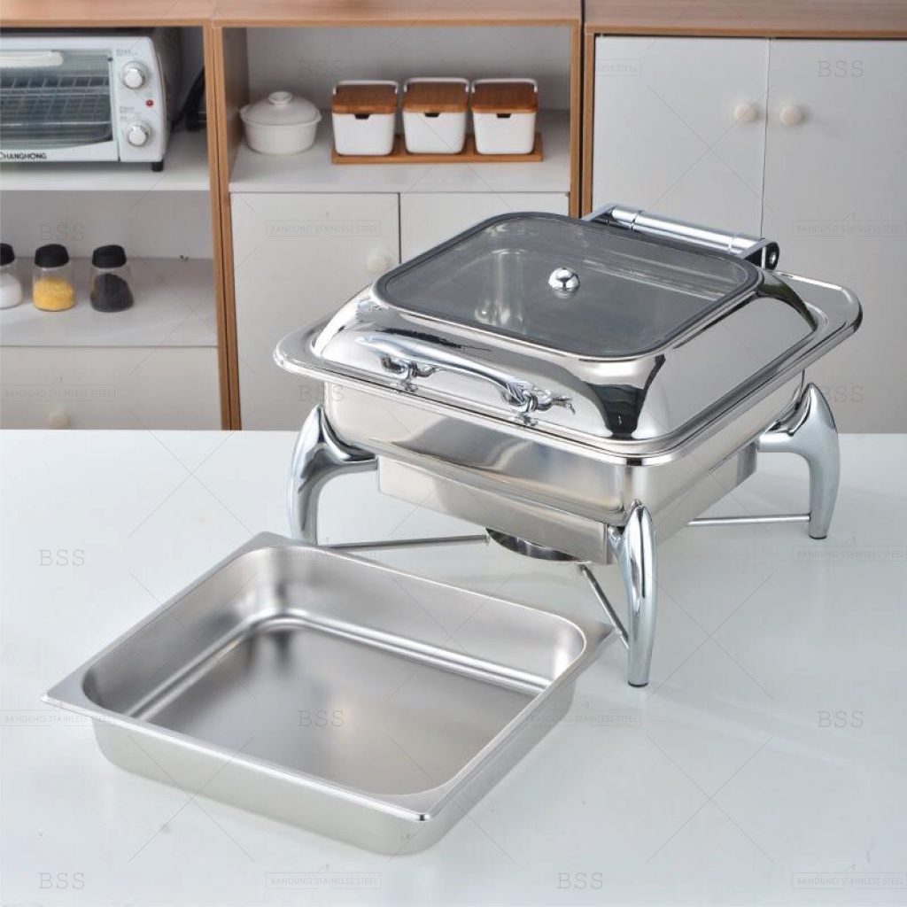 Chafing Dish Hidrolik Hydraulic 6L Prasmanan Stainless Kaca Tebal Kotak Bulat Wadah Tempat Makanan Saji Mewah Elegan