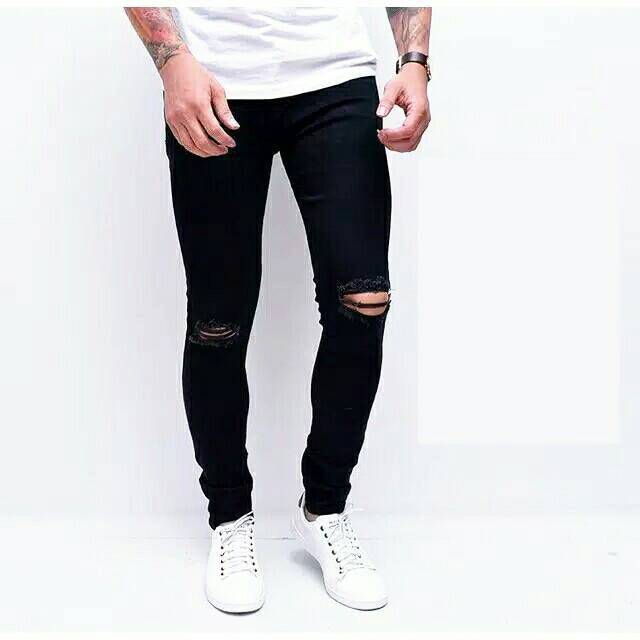 Celana jeans sobek lutut pria ripped jeans celana panjang hitam pria street melar skinny jeans pria