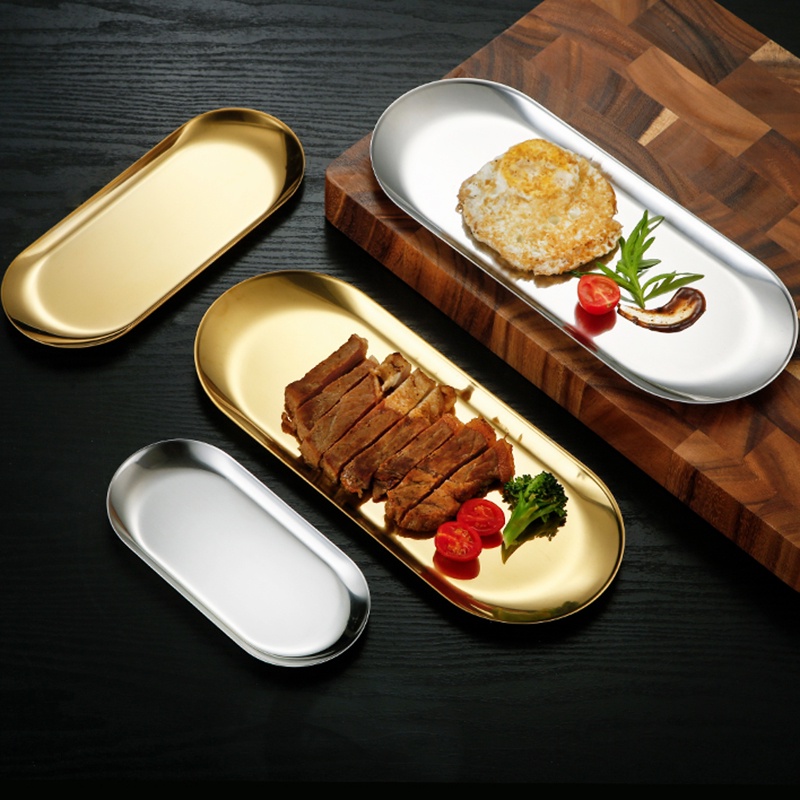 Baki Tempat Menyimpan Perhiasan Bentuk Oval Bahan Stainless Steel Warna Emas / Silver