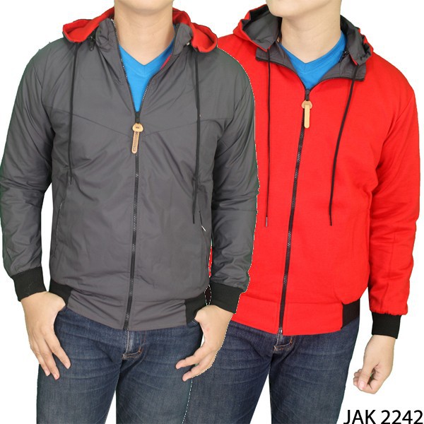 Jaket Bolak Balik Pria Parasut Abu – Merah – JAK 2242