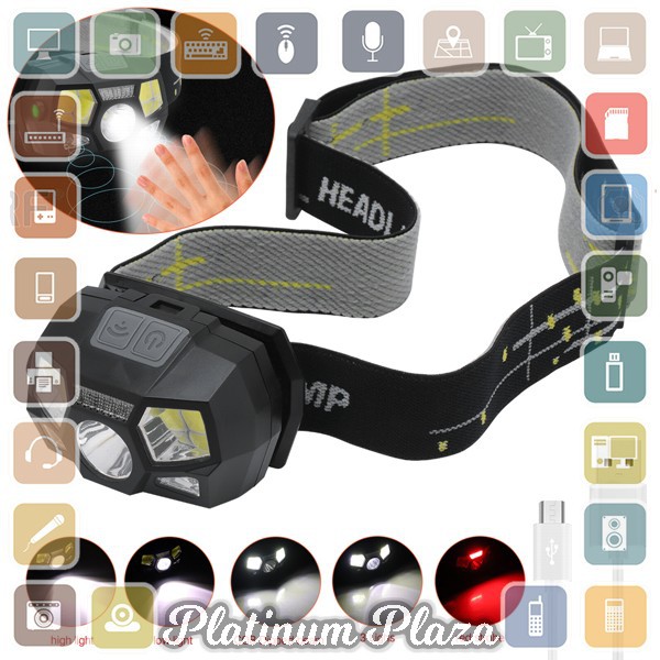 TaffLED Senter LED Kepala Headlamp Flashlight Rechargeable USB + Motion Sensor XPE+CO`24D6KJ-- Black