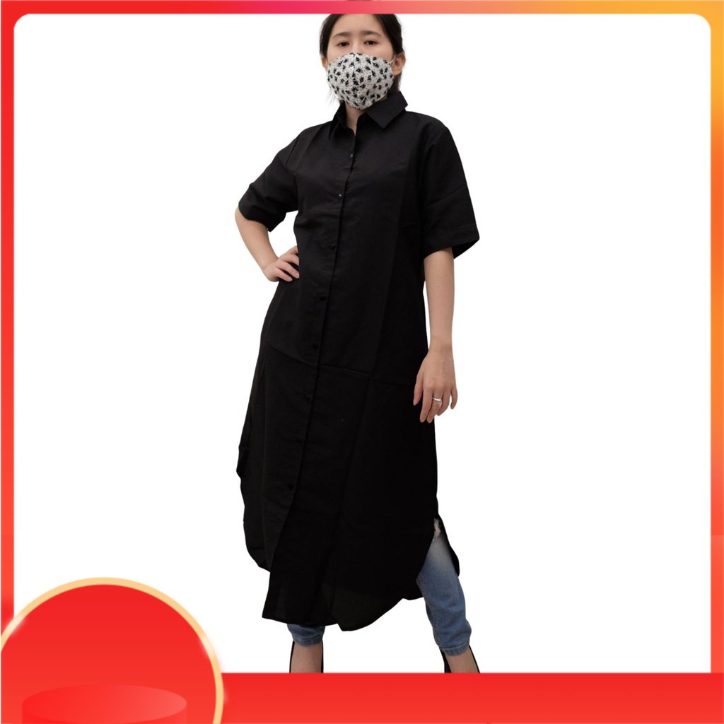 Dress Longdress Kemeja Wanita Cewek Remaja Lengan Pendek Korean Style Kpop Murah Terbaru Kekinian